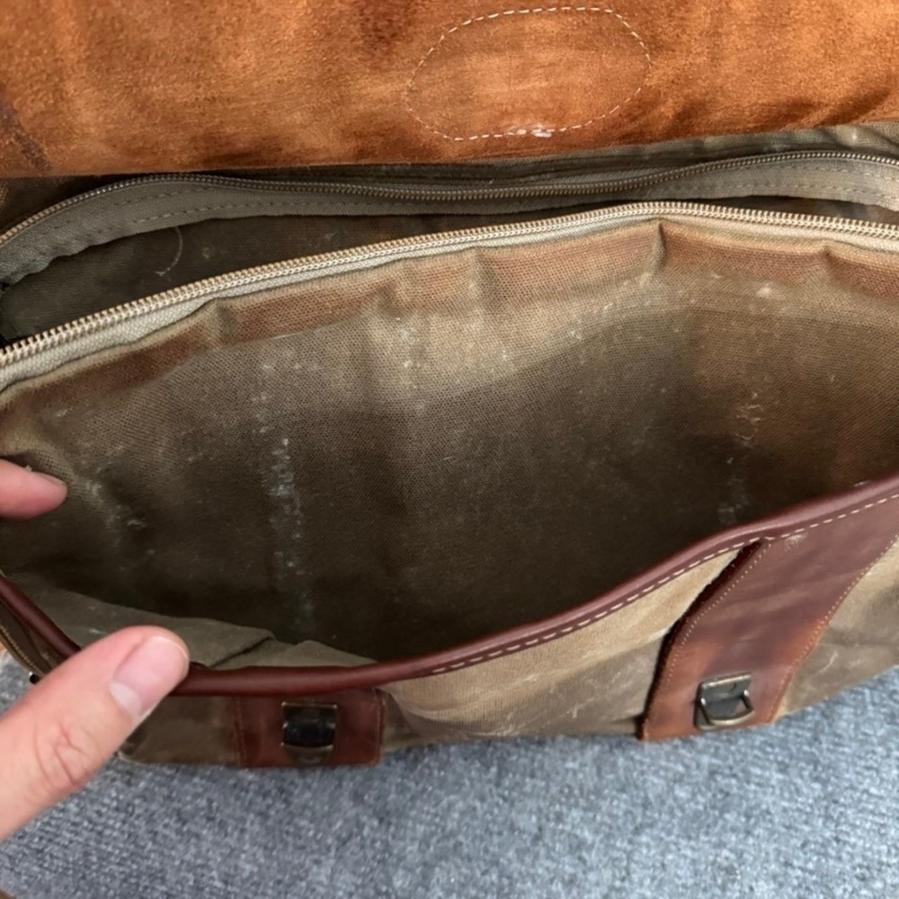 LL Bean Vintage Waxed Canvas Leather Briefcase Laptop Bag Olive Brown Satchel - Picture 11 of 16
